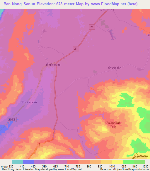 Ban Nong Sanun,Thailand Elevation Map