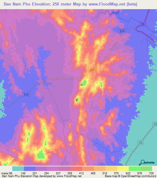 Ban Nam Phu,Thailand Elevation Map