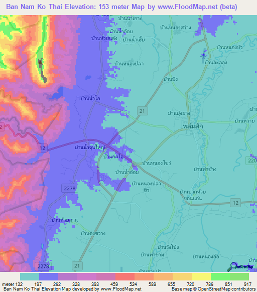 Ban Nam Ko Thai,Thailand Elevation Map