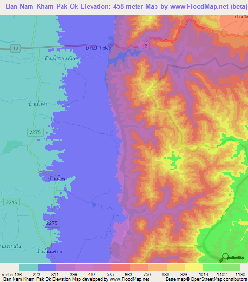 Ban Nam Kham Pak Ok,Thailand Elevation Map