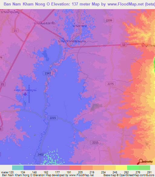Ban Nam Kham Nong O,Thailand Elevation Map