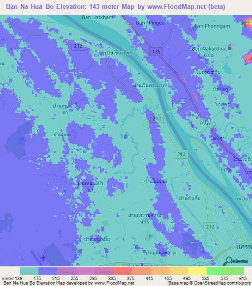 Ban Na Hua Bo,Thailand Elevation Map