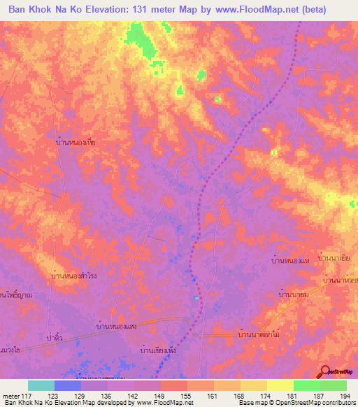 Ban Khok Na Ko,Thailand Elevation Map