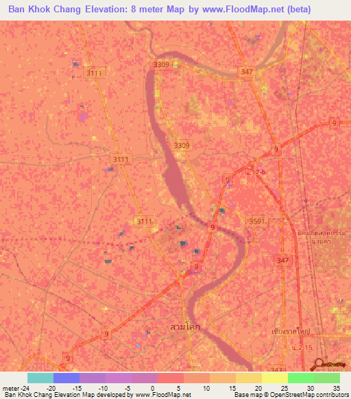 Ban Khok Chang,Thailand Elevation Map