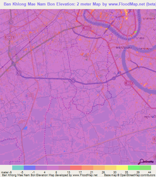 Ban Khlong Mae Nam Bon,Thailand Elevation Map