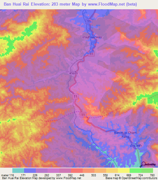 Ban Huai Rai,Thailand Elevation Map