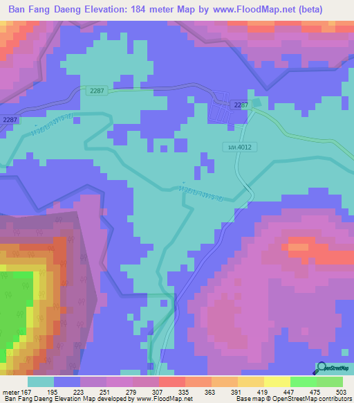 Ban Fang Daeng,Thailand Elevation Map