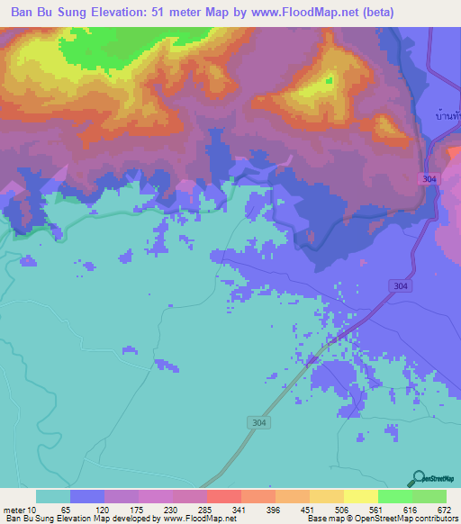 Ban Bu Sung,Thailand Elevation Map