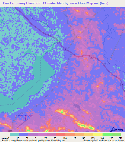 Ban Bo Lueng,Thailand Elevation Map