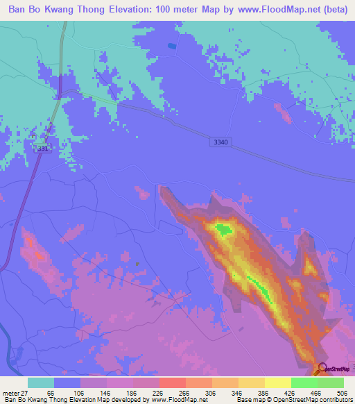 Ban Bo Kwang Thong,Thailand Elevation Map