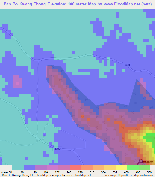 Ban Bo Kwang Thong,Thailand Elevation Map