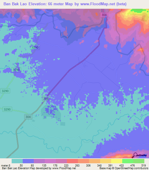 Ban Bak Lao,Thailand Elevation Map