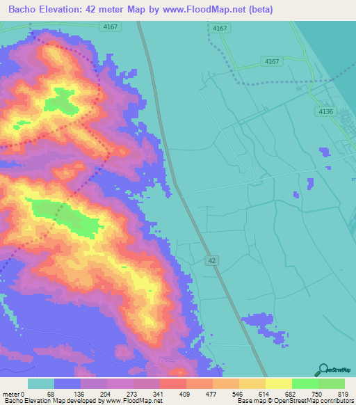 Bacho,Thailand Elevation Map