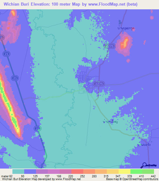 Wichian Buri,Thailand Elevation Map