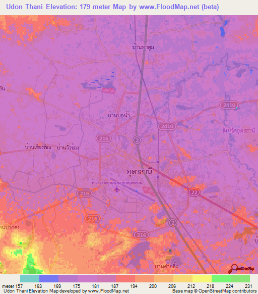 Udon Thani,Thailand Elevation Map