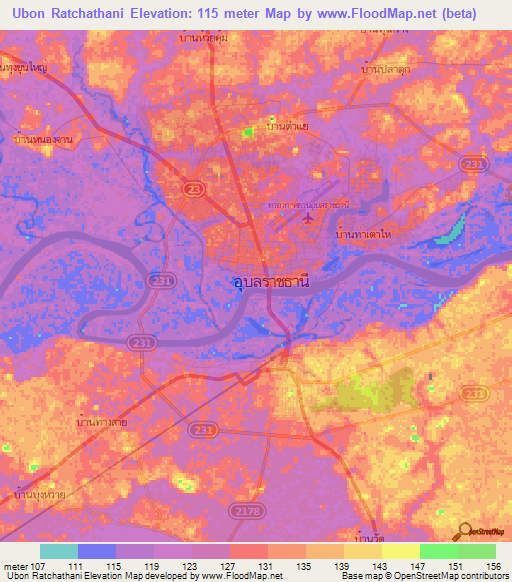 Ubon Ratchathani,Thailand Elevation Map