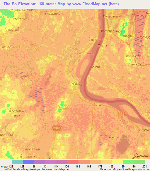 Tha Bo,Thailand Elevation Map