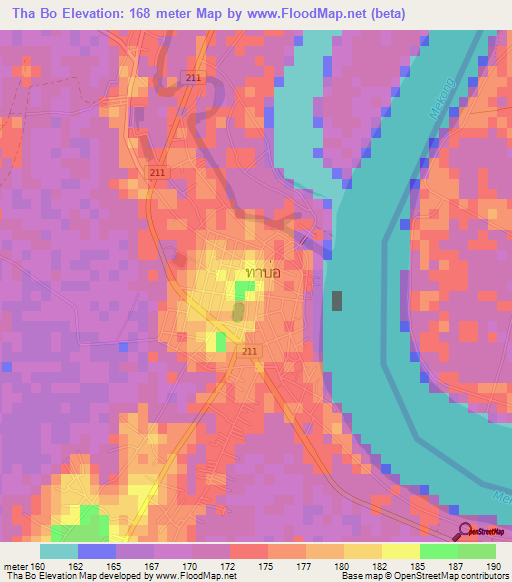 Tha Bo,Thailand Elevation Map