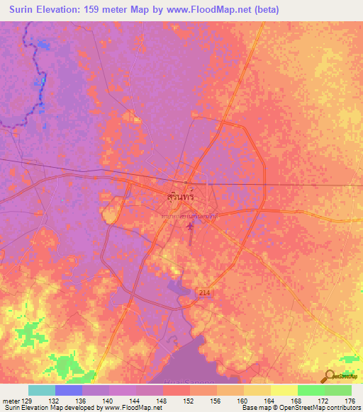Surin,Thailand Elevation Map