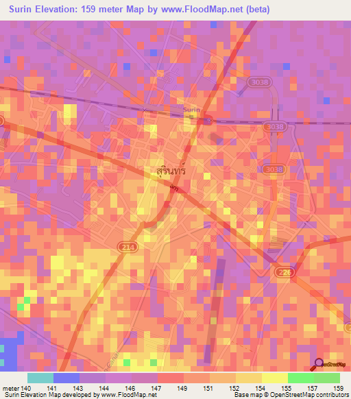Surin,Thailand Elevation Map