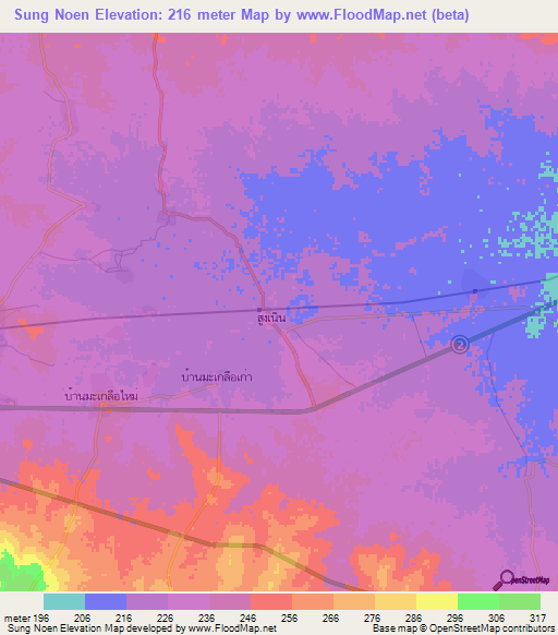 Sung Noen,Thailand Elevation Map
