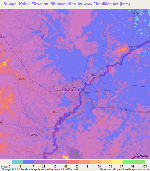 Su-ngai Kolok,Thailand Elevation Map