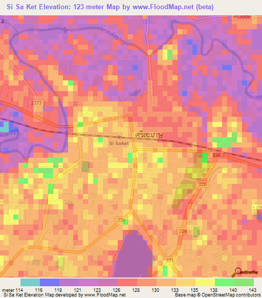 Si Sa Ket,Thailand Elevation Map