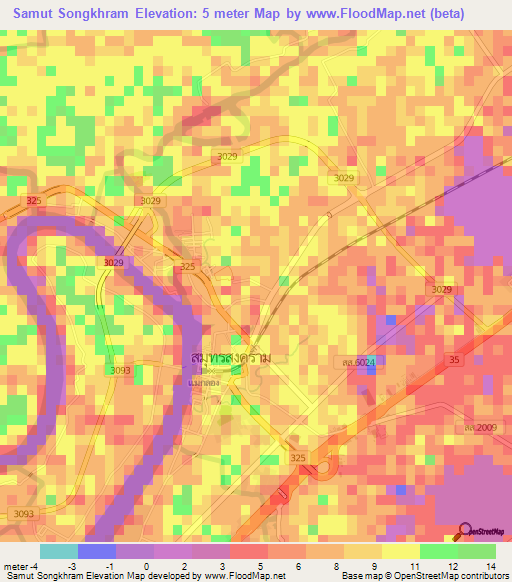 Samut Songkhram,Thailand Elevation Map