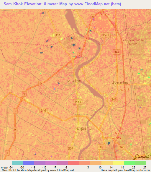 Sam Khok,Thailand Elevation Map