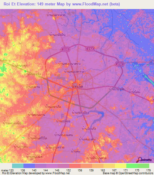 Roi Et,Thailand Elevation Map