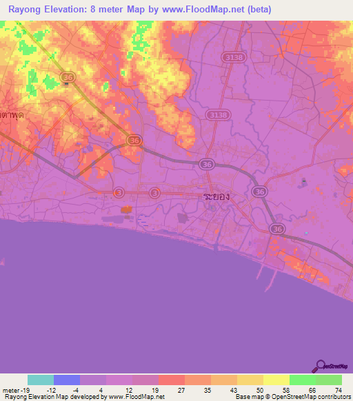 Rayong,Thailand Elevation Map