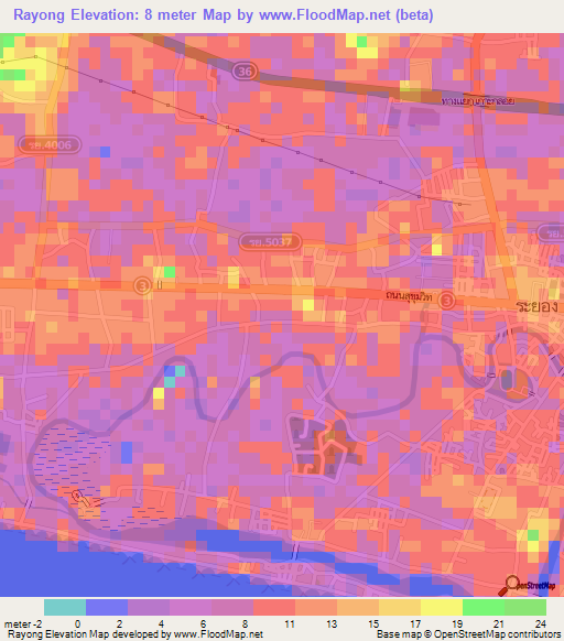 Rayong,Thailand Elevation Map