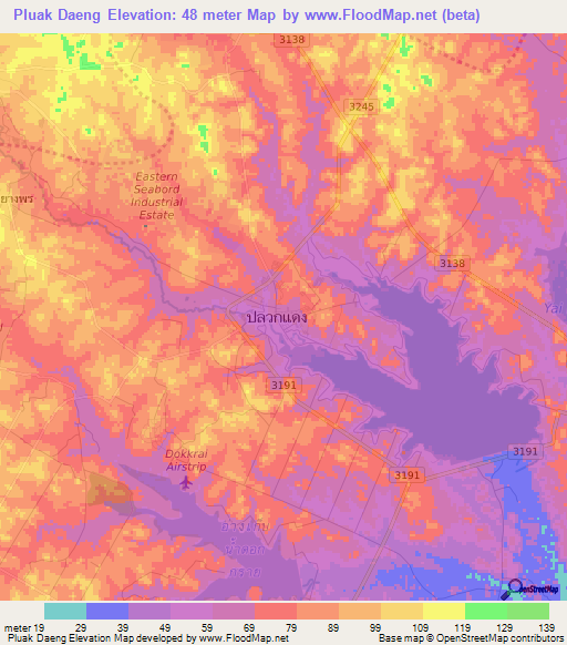 Pluak Daeng,Thailand Elevation Map