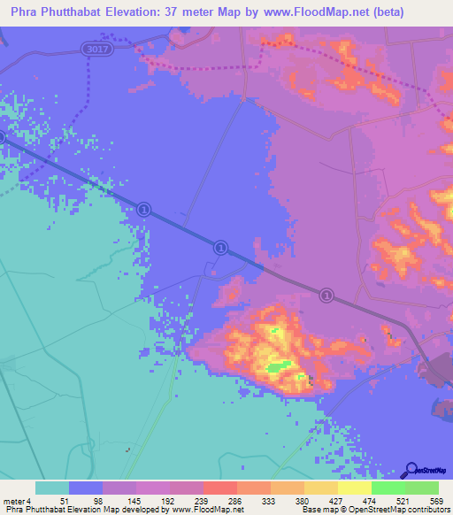 Phra Phutthabat,Thailand Elevation Map