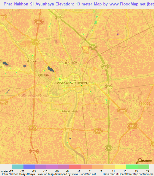 Phra Nakhon Si Ayutthaya,Thailand Elevation Map