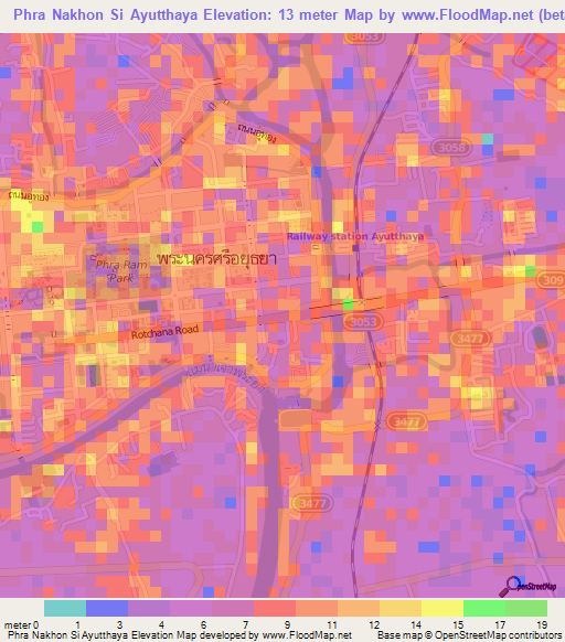 Phra Nakhon Si Ayutthaya,Thailand Elevation Map