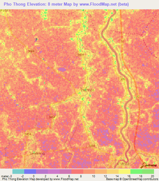 Pho Thong,Thailand Elevation Map