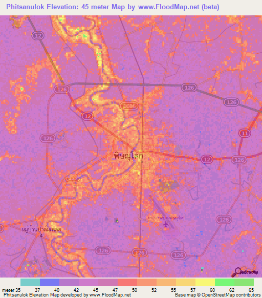 Phitsanulok,Thailand Elevation Map