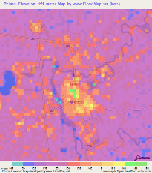 Phimai,Thailand Elevation Map