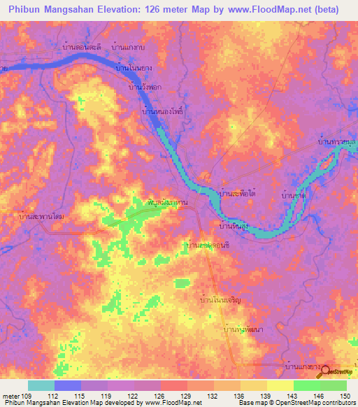 Phibun Mangsahan,Thailand Elevation Map