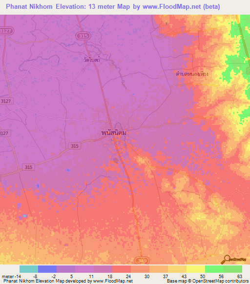 Phanat Nikhom,Thailand Elevation Map