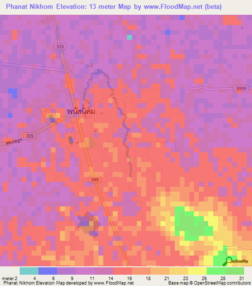 Phanat Nikhom,Thailand Elevation Map