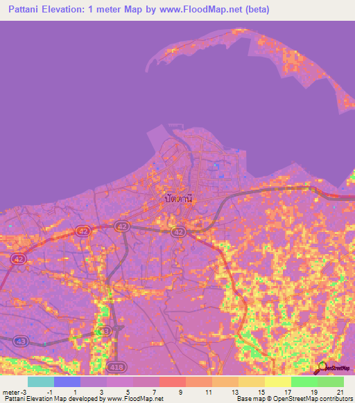 Pattani,Thailand Elevation Map