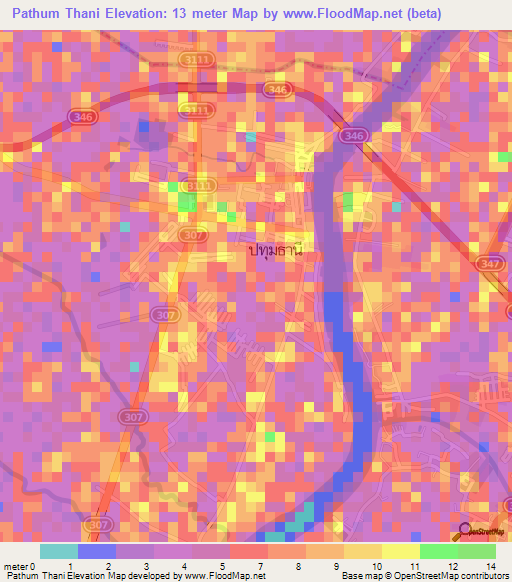 Pathum Thani,Thailand Elevation Map
