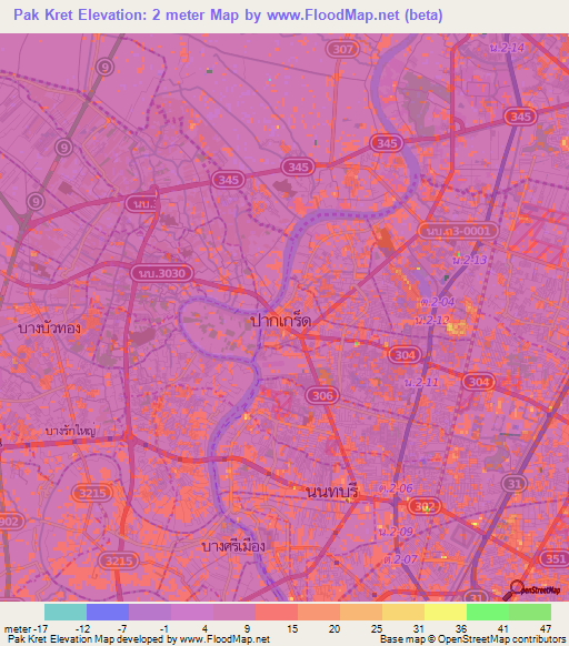 Pak Kret,Thailand Elevation Map