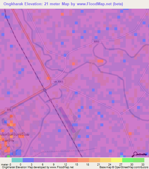 Ongkharak,Thailand Elevation Map