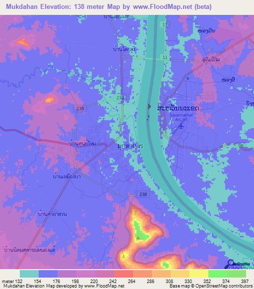 Mukdahan,Thailand Elevation Map