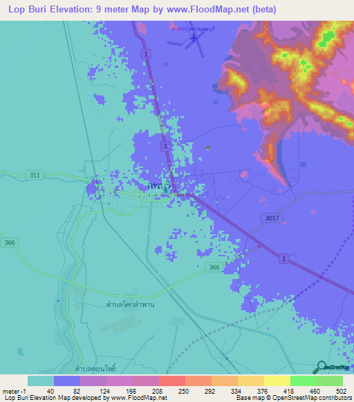 Lop Buri,Thailand Elevation Map