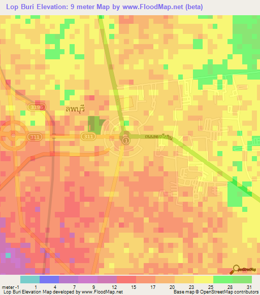 Lop Buri,Thailand Elevation Map
