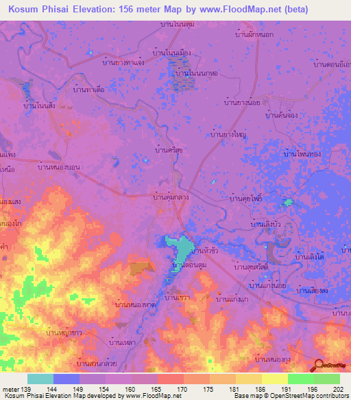 Kosum Phisai,Thailand Elevation Map